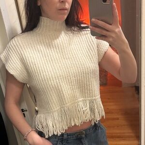 Anthropologie Cream Fringe poncho top